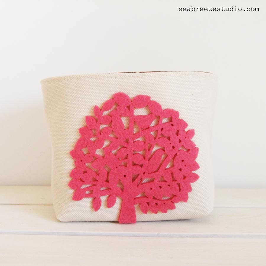 Small fabric basket - natural canvas with pink felt tree and birds appliqué (CD size)
