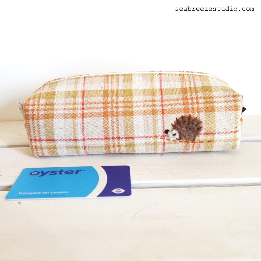 SALE Long boxy pencil / cosmetic pouch - yellow/orange plaid with a hedgehog applique