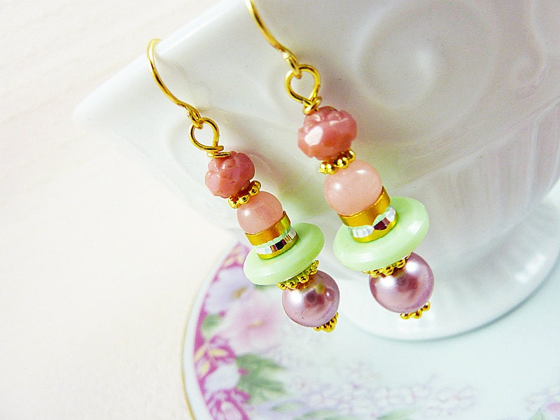 Romantic Vintage Earrings, Lovely Pink Gilded Roses with Lavender Mint, Pretty Assemblage Jewelry
