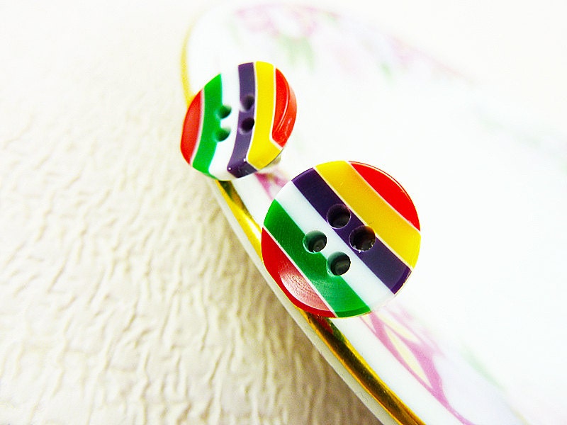 Button Post Earrings, Colorful Earrings Stripes of Red Yellow White Green and Purple