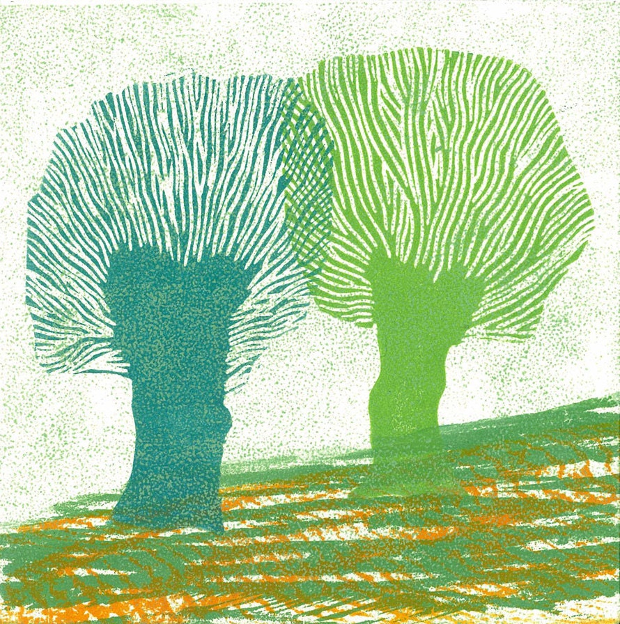 MONOPRINT LINOCUT PRINT - Children Wall Art - Holland Willows 9 - Woodblock Print