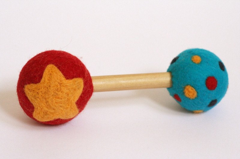Monogram - Custom - Star -Flower -  Felted Wool Baby Rattle - Eco Friendly - Natural - Alternative Baby Toy