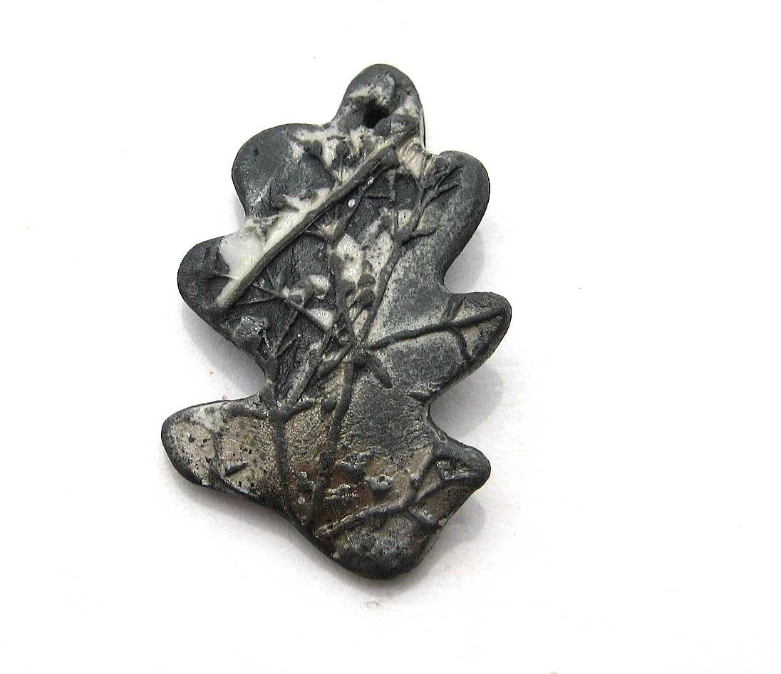 Handmade Raku Fired Ceramic Leaf Pendant Black and Gray
