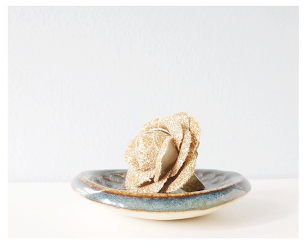 Clay trinket dish - little flower bowl - blue brown ring holder spoon rest plate