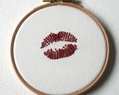 Hoop Art Hand Embroidered Metallic Red Lipstick Traces Kiss