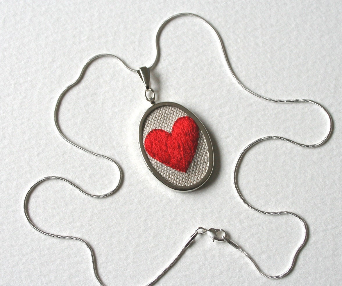 Hand Embroidered Red Heart Necklace Stitched Art Jewelry