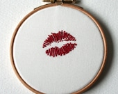 Bright Red Lipstick Traces Kisses Hand Embroidered Hoop Art