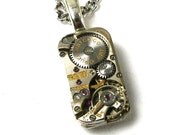 Steampunk Necklace with Vintage Watch Movement Pendant with REAL Ruby Jewels Sleek Stylish UNIQUE Shape by Nouveau Motley