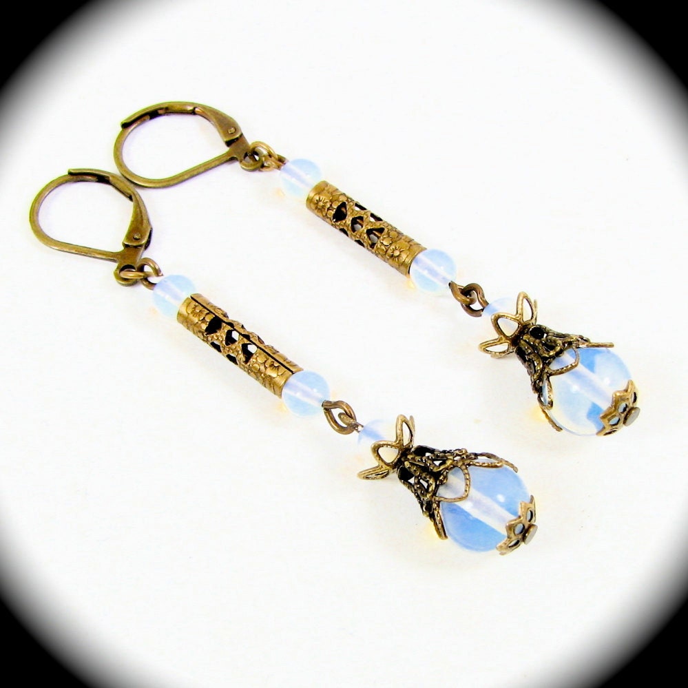 Edwardian Style Drop Earrings with Sea Opals and Brass Filigree