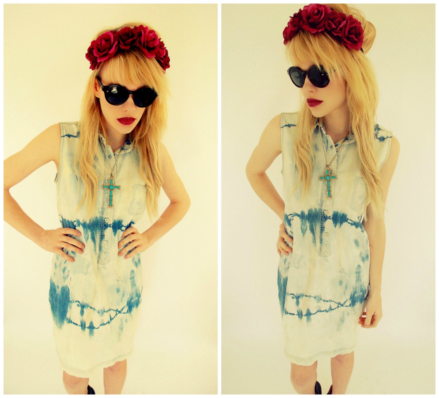 Hand Bleached Tie Dye Denim Maxi Dress M/L
