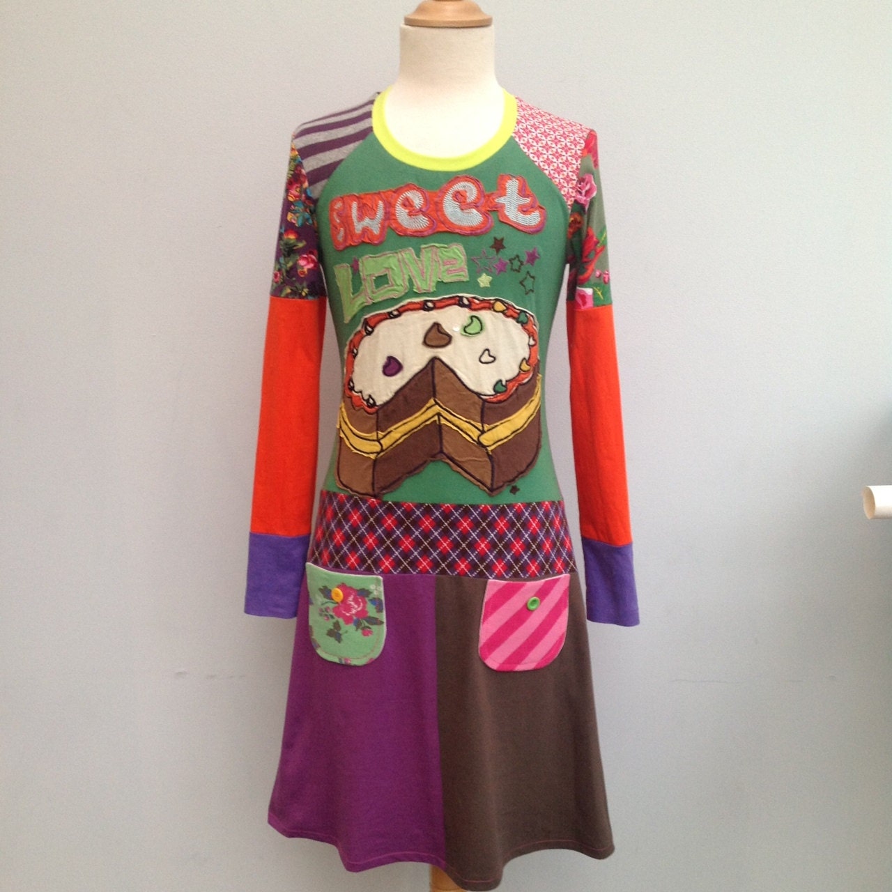 Upcycled Girls Dress sweet love Handmade Upcycled Dress Repurposed Pieced Tunic Size 12 (Europ. size 158/164)
