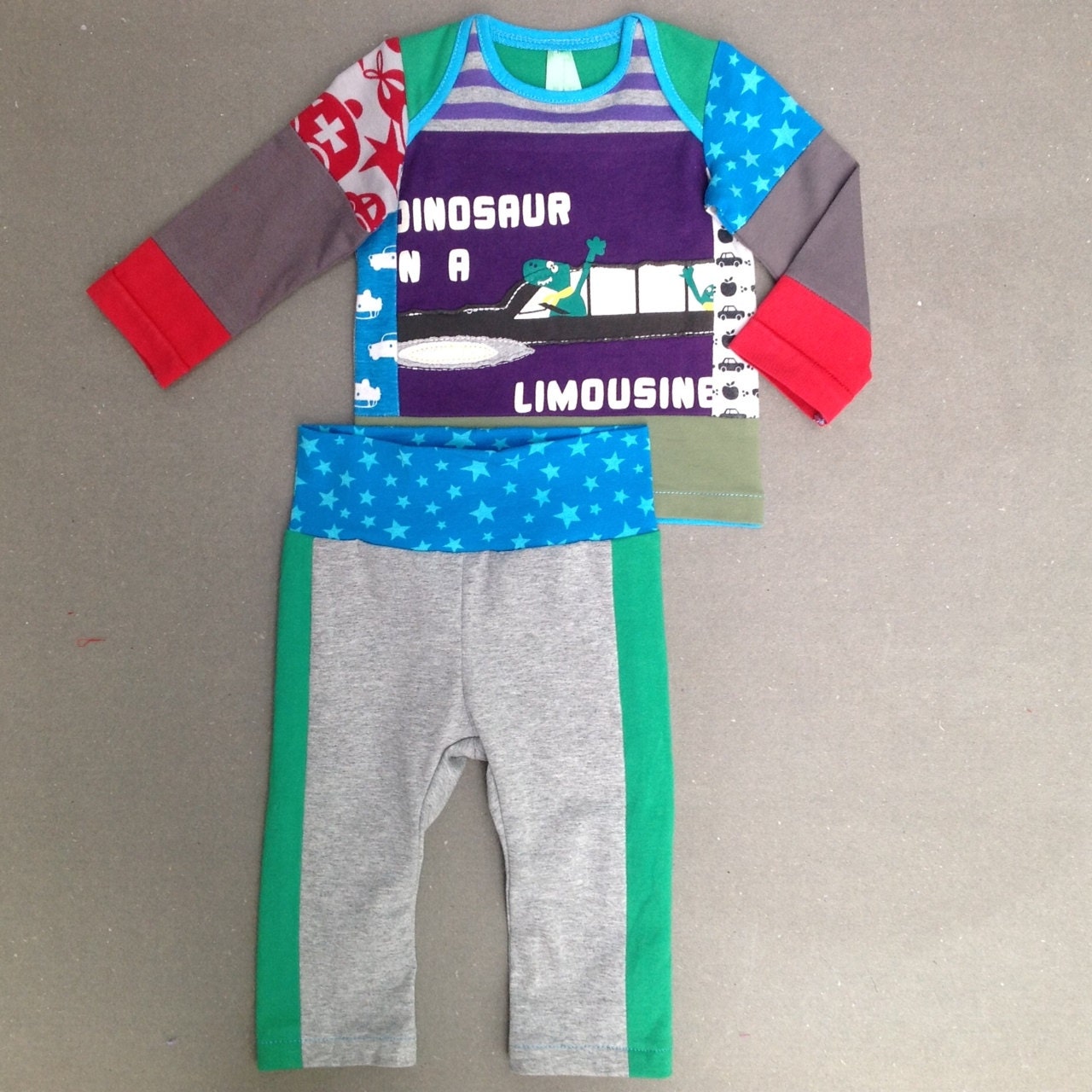 Upcycled baby boys T-shirt and trousers set size 2 up to 4 months