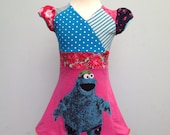 Upcycled Girl's Dress cookie  monster Size 2T /3T (Europ. size 98/104)