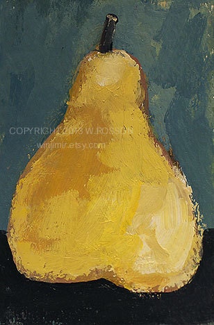 Yellow, Pear, Fruit, Original Painting, ACEO, Winjimir, Fine Art, Impressionism, Art Card, Still life, Floral