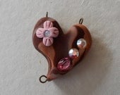 Pink and Chocolate Rustic Heart with Swarovski Crystals and VINTAGE Crystal