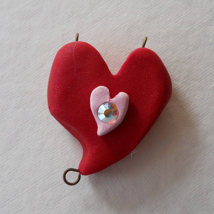 Red Rustic Heart with a Pink Baby Heart and a Swarovski Crystal