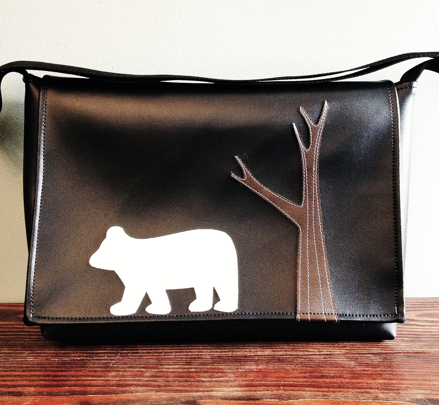 Polar Bear and Tree Black Vinyl Messenger Bag