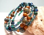 Memory Wire Bracelet teal, copper glass beads - wrap around, adjustable