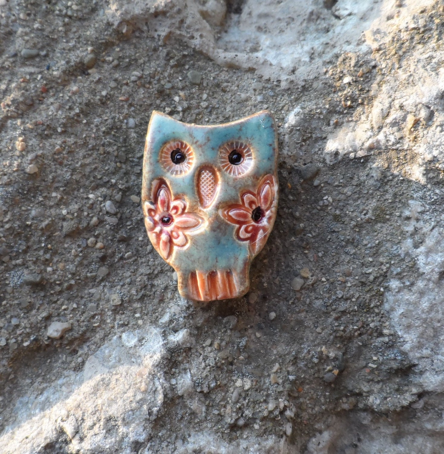 Little Hoot Owl Rustic Green with Flowers Clay Bead