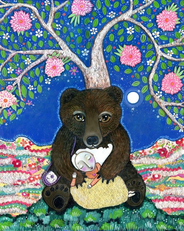 Brown Bear and Girl Art Print Medicine bear animal totem healer Whimsical Folk Nursery Art - Childrens Wall Decor - ''Medicine Bear"