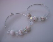 Dainty Beaded Hoop Earrings White Marble and Clear Crystal