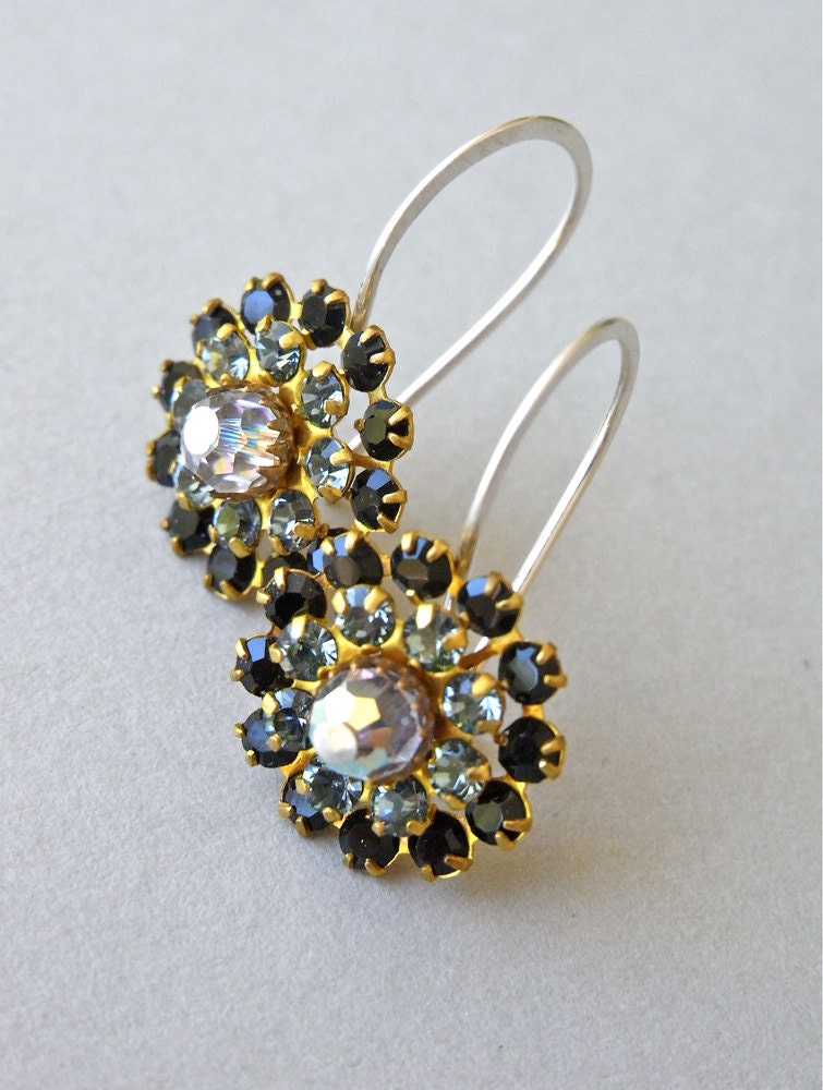 Earrings - vintage Swarovski crystal and brass flower, modern Swarovksi crystal and sterling silver earrings - Sage Gossamer