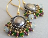 Earrings - oxidised sterling silver, chrome diopside, rhodolite garnet, aventurine, vermeil - Autumnal Flower