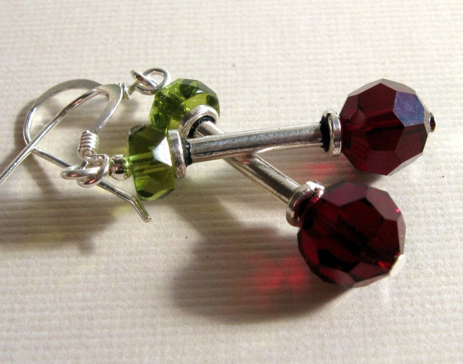 drop earrings Swarovski crystal and Bali Silver MERLOT dangle - garnet and olivine crystal