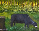 Grazing II  / Black Cow in the Forest  Painting / Original Oil by Maria Williams