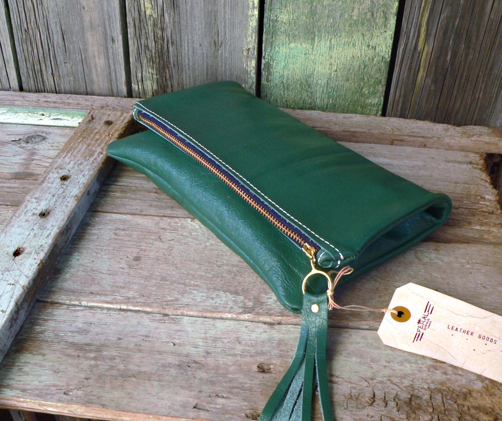 Clutch Purse  Leather Fold Over  Emerald / Teal  Women's