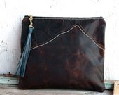 Zippered Clutch purse Fold over clutch Rustic brown and Teal blue  hand made bag for her