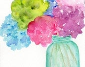Hydrangeas in Aqua Mason jar watercolor, Original still life