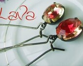 jonquille and siam Estate Style Earrings - red and yellow vintage rhinestone crystal earrings, long earrings, antique brass Jewelry - Lava