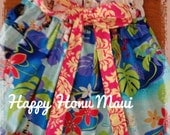 Hawaiian Girls Sundress Happy Honu Damask and Aqua  Hula Girl sizes 2T to 6 Made in Hawaii