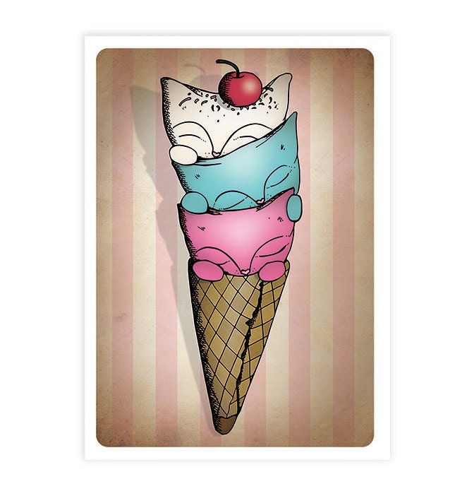 Cat Ice cream Print - Kitsch cute food illustration - nursery art A4 - giclee print