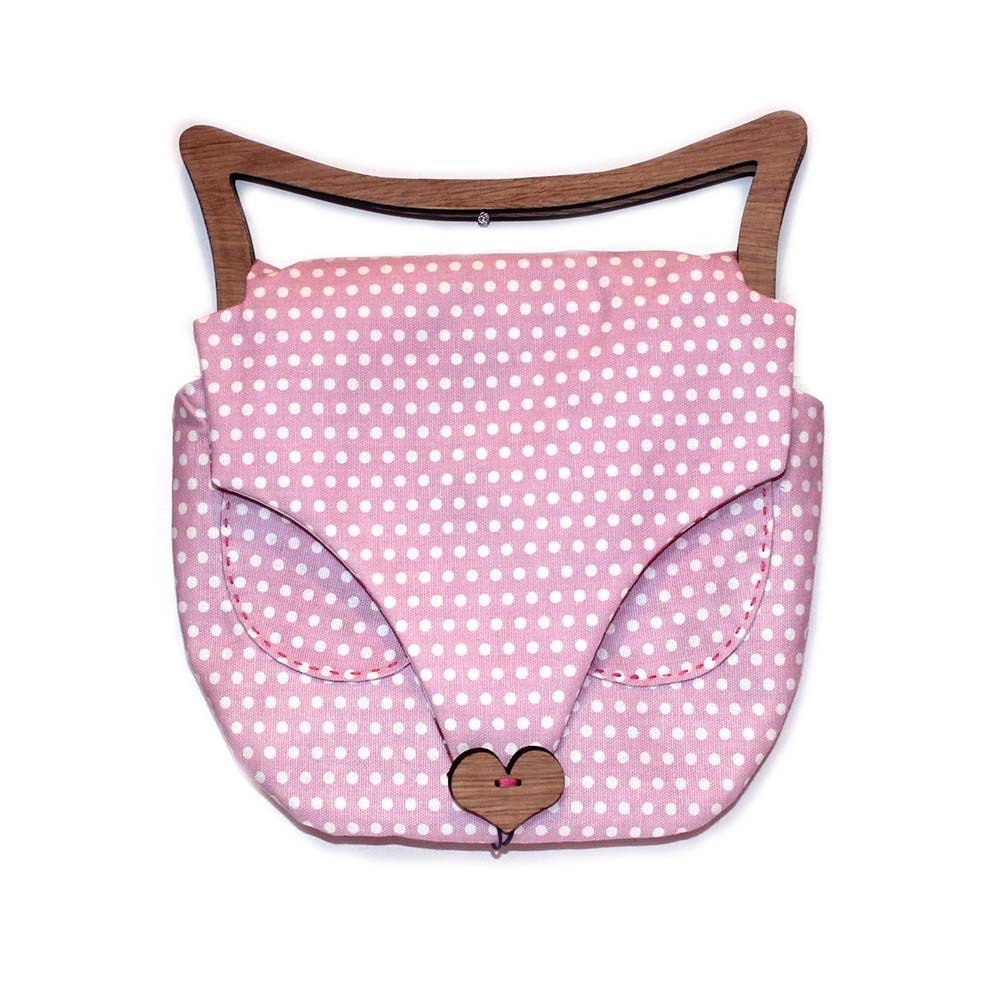 Cat Bag ears - oak wooden handle clutch - pink polka dot - vintage flower