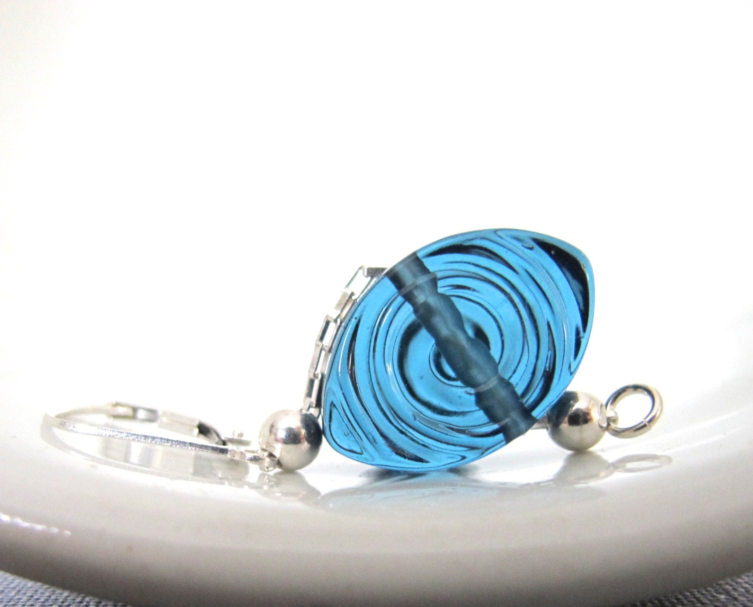 Glass Earrings, Spiral Glass, Steel Blue, Silver Earrings, Silver Chain, Sterling Silver, Silver Jewelry
