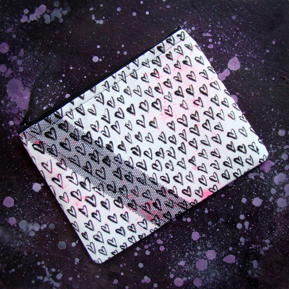 Zipper Pouch - Hand Painted Heart Pattern Fabric -Hot Pink Spatter