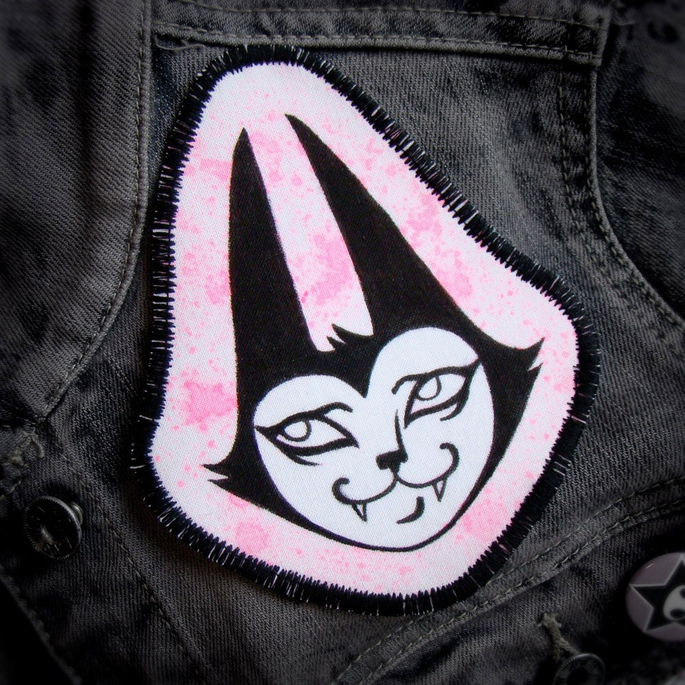 Hand Painted Fabric Patch -Batcat with Hot Pink Spatter-