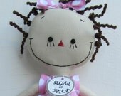 handmade cloth doll brunette in a Pink Polka Dot dress with striped tights and shoes
