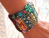 Glimpse Bracelet, Velvet, Vintage Embroidered, Beaded, Brass, Italian Hand Painted Button, Bohemian
