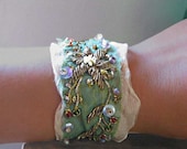 Silk Chiffon Bracelet, Antique Embroidered, Beaded, Delicate, Green, Old Gold, Sparkle