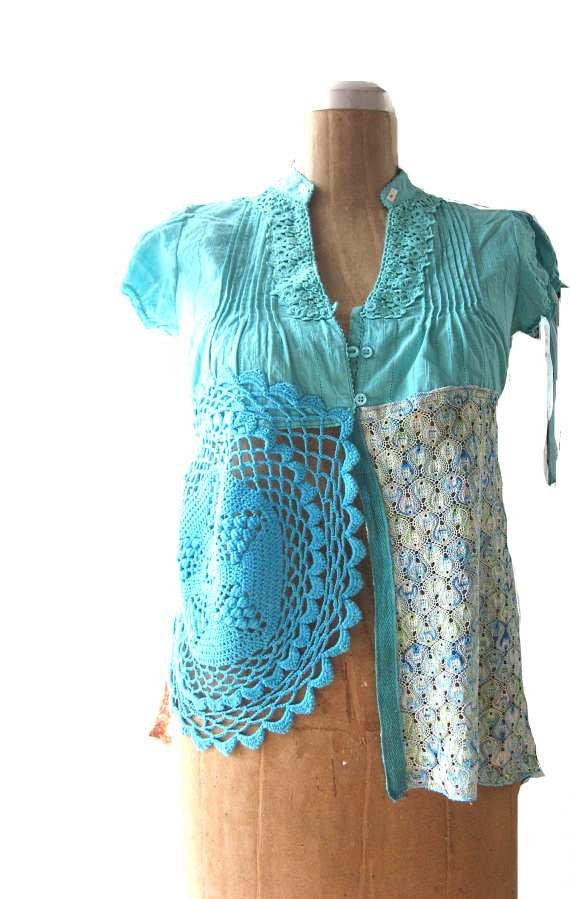 SALE -Blue Hued Jacket, Blouse, Vintage Crochet, Doily, Patchwork, Lace, Teal, Recycled, Rustic, Boho