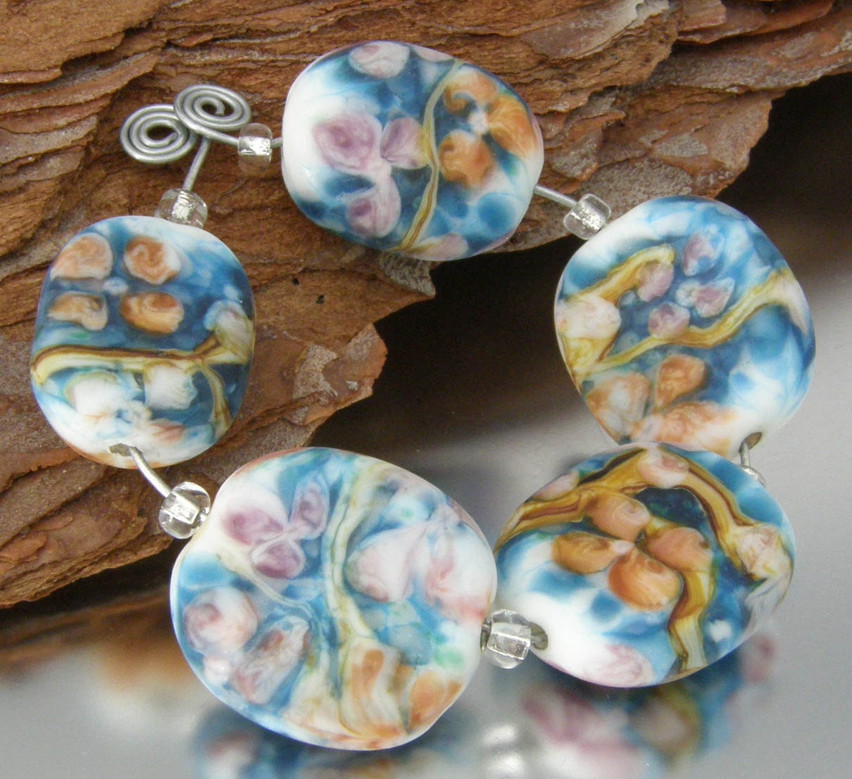 KILLERBEEDZ1 - Watercolor Florals - 6 Pressed Lampworked Beads