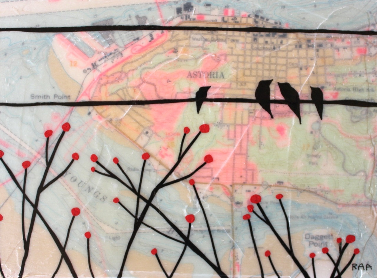 Astoria- Original Map Painting 6" x 8" - Birds on a Wire Art