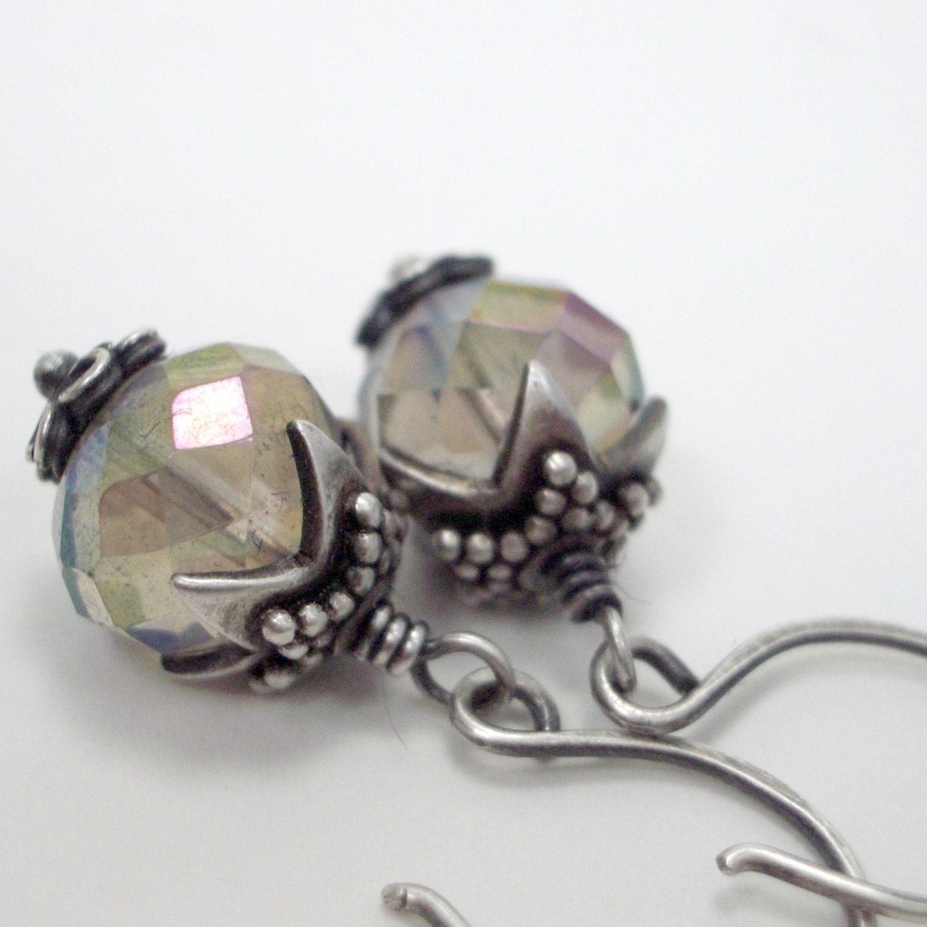 Faceted Smokey Quartz Rounds Hill Tribe Fine Silver Earrings