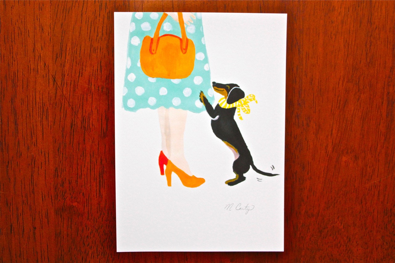 Dachshund art print, dog art, retro, fashion art, whimsical art, nursery art print, turquoise and orange 5x7