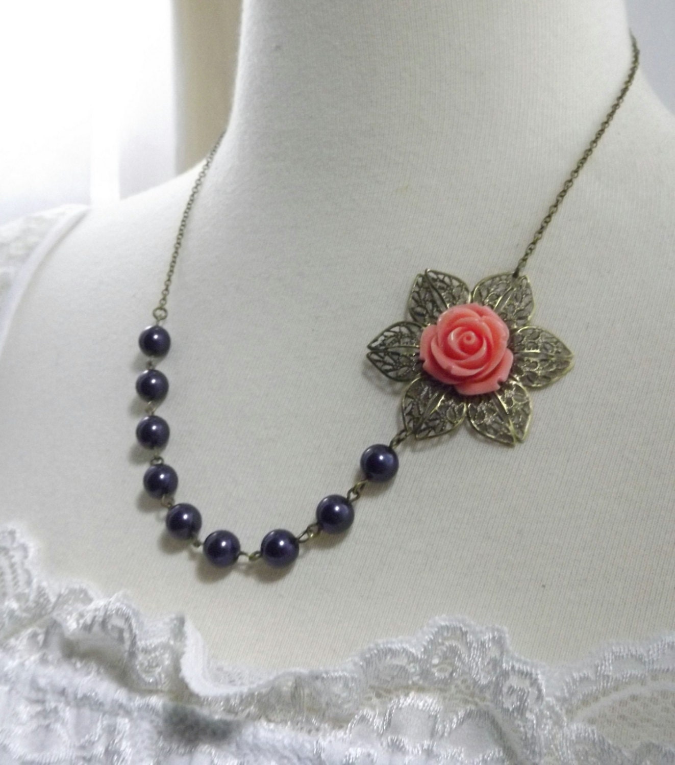 Coral and Navy Blue Flower Bridesmaids Wedding Necklace