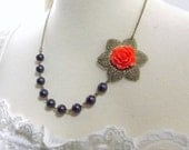 Orange and Navy Blue Flower Bridesmaids Wedding Necklace