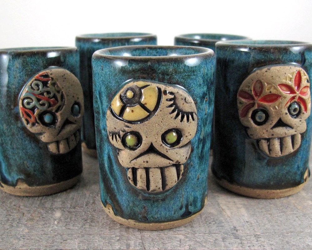 Skully Shot Glass - Deep Lagoon - Dark Teal Black - Skeleton Skull - Day of the Dead - Cinco de Mayo - Barware